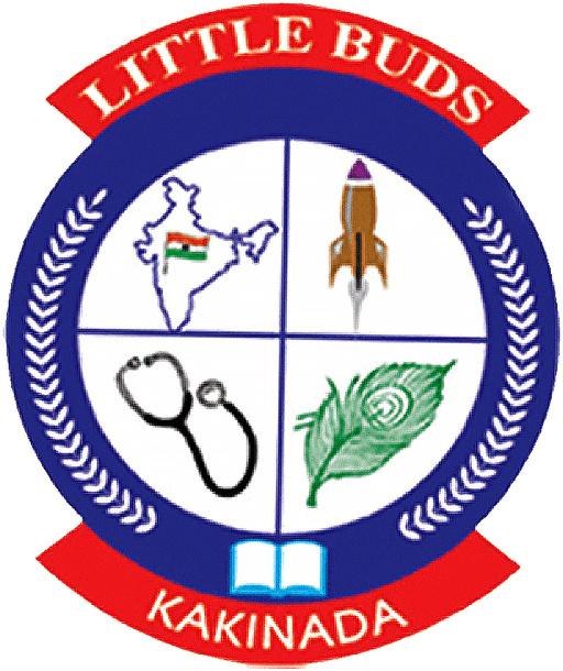 The Little Buds IIT-NEET Foundation School crest: a navy shield reading Little Buds above and Kakinada below, wreathed in laurel, with four quadrants showing a map of India, a rocket, a stethoscope and a leaf.
